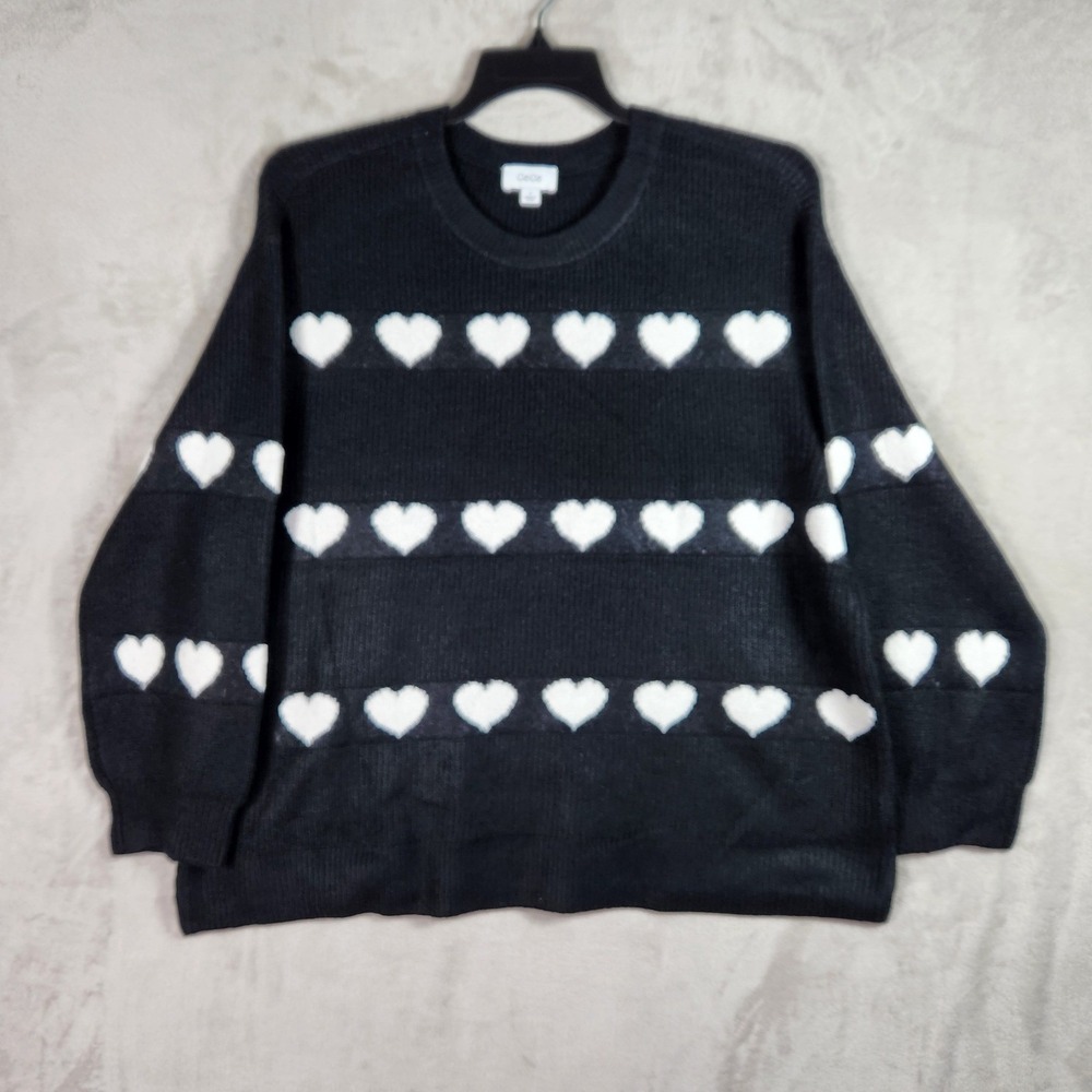 CeCe Heart Sweater Womens 2X Black White Crew Neck Pullover Cottagecore Coquette